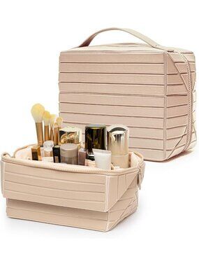 Beige Large Capacity Travel Makeup Bag - PU Leather Organizer with Adjustable